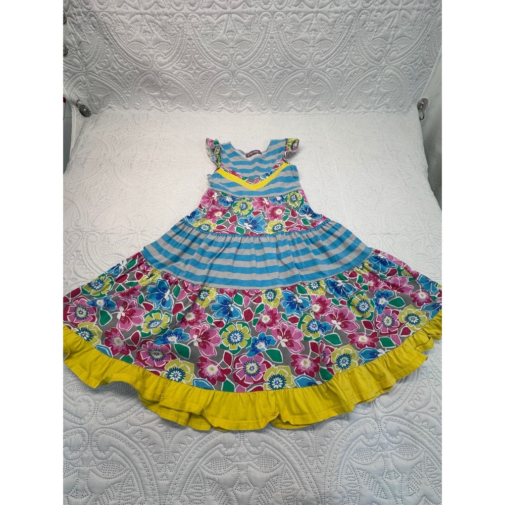 Jelly the Pug Girls Tiered Floral Stripe Maxi Dress Size 6 Ruffle Hem Sleeveless
